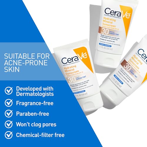 Buy now CeraVe Hydrating Mineral Sunscreen SPF 30 with Sheer Tint, Tinted Mineral Sunscreen with Zinc Oxide & Titanium Dioxide, Blends Seamlessly For Healthy Glow, Deep, 1.7 Oz at indiglob india