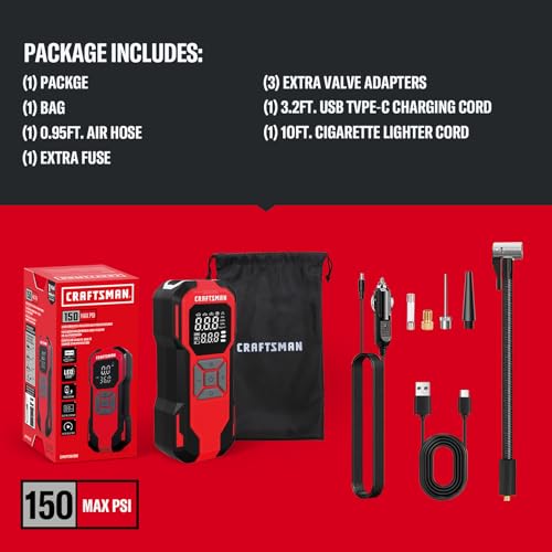 Buy now CRAFTSMAN Tire Inflator Portable Air Compressor, Cordless Mini Air Pump for Car Tires with Digital Tire Pressure Gauge, 6000mAh Battery Powered Air Pump, Max Pressure 150 PSI, 12V DC Corded at indiglob india
