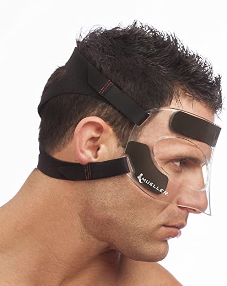 Buy now MUELLER Sports Medicine Face Mask for Men & Women, Adjustable Clear Face Guard, Nose & Cheek Protection for Basketball & Cosmetic Procedures, Shatterproof with Foam Padding, One Size at indiglob india