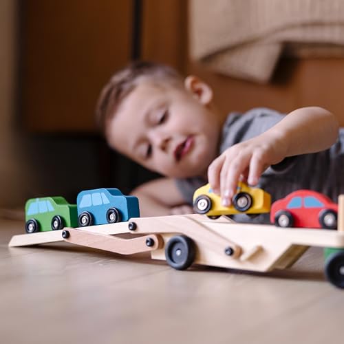 Buy now Melissa & Doug Car Carrier Truck and Cars Wooden Toy Set with 1 Truck and 4 Cars 5.75" x 12" x 3" at indiglob india