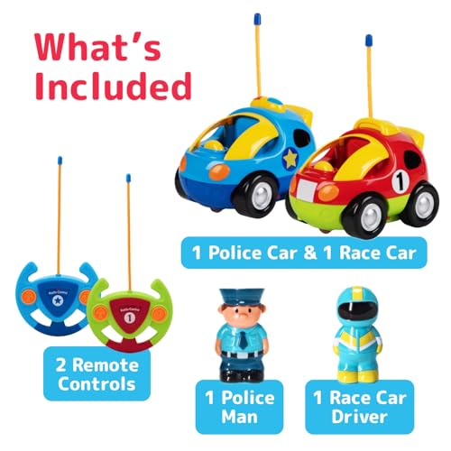 Buy now Prextex 2 Pack Cartoon Remote Control Cars for Toddlers - Police Car and Race Car with Steering Wheel Controllers and Lights - Different Frequencies So Both Can Race Together - Toddler Gift 18+ Months at indiglob india