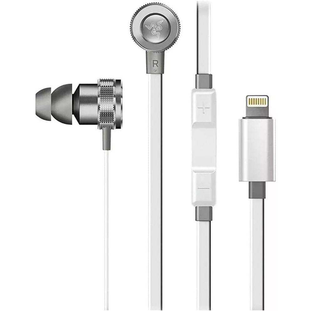 Razer Hammerhead Earbuds for iOS: DAC - Custom-Tuned Dual-Driver Technology - In-Line Mic & Volume Control - Aluminum Frame - Lightning Connector - Mercury White
