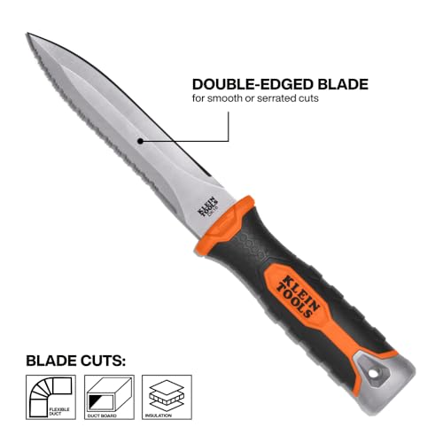 Buy now KLEIN TOOLS DK16 Double-Edged Duct Knife, Serrated Stainless Steel Blade, Designed for Duct Board and Insulation, Fixed Blade Knife with Sheath, 5-1/2-Inch at indiglob india