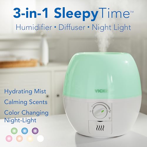 Buy now Vicks Cool Mist 3-in-1 SleepyTime Humidifier for Baby & Kids with Color Changing Night Light and Essential Oil Diffuser at indiglob india
