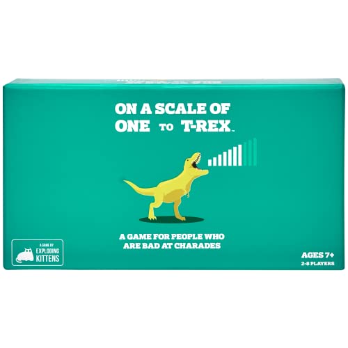 Buy now Exploding Kittens On a Scale of One to T-Rex 2-8 Players - Ages 7+ - 15 Minutes to Play - Charades Style Acting Card Game - Party Game, Family Game Night, Kid and Adult Card Game at indiglob india