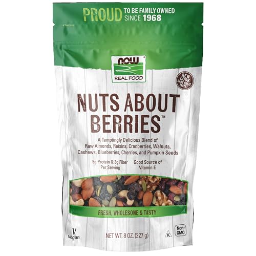 Buy now NOW Foods, Nuts About Berries™, Delicious Blend of Raw Almonds, Raisins, Cranberries, Walnuts, Cashews, Blueberries, Cherries and Pumpkin Seeds, 8-Ounce (Packaging May Vary) at indiglob india