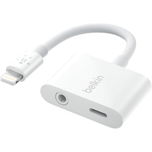 Belkin RockStar Lightning to 3.5mm Audio Cable + Audio Charger Splitter, 2-in-1 Aux iPhone Headphone and Charger Adapter - Compatible with iPhone 14, 13, 12, 11, X, and More - White