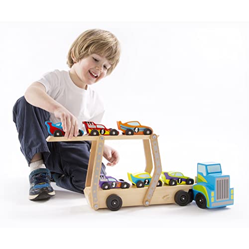 Buy now Melissa & Doug Mega Race-Car Carrier - Wooden Tractor and Trailer with 6 Unique Race Cars at indiglob india