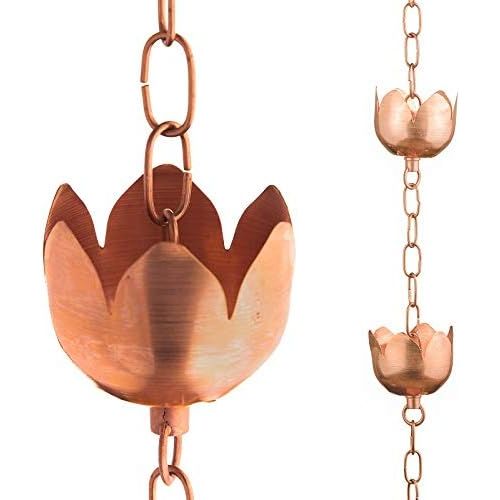 Copper Rain Chain – Decorative Chimes & Cups Replace Gutter Downspout & Divert Water Away from Home for Stunning Fountain Display – 8.5’ Long for Universal Fit – Flower Style