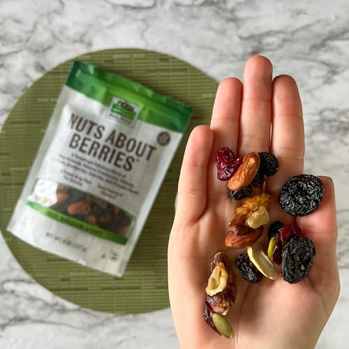 Buy now NOW Foods, Nuts About Berries™, Delicious Blend of Raw Almonds, Raisins, Cranberries, Walnuts, Cashews, Blueberries, Cherries and Pumpkin Seeds, 8-Ounce (Packaging May Vary) at indiglob india