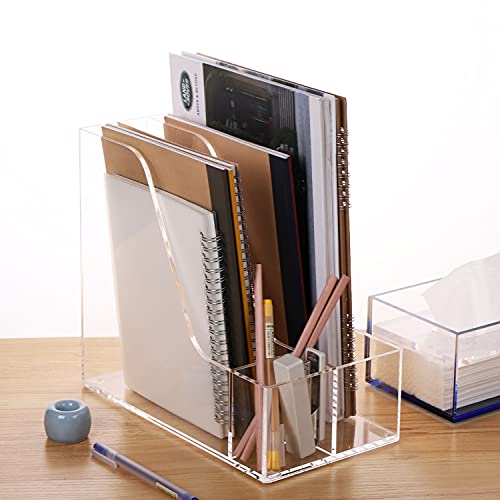 Buy now SANRUI Acrylic File Organizer with Pencil Holder Multi-Functional Clear Desk Accessories Organizer with 2 Slot Magazine Book Sorter Holder , 3 Compartments at indiglob india