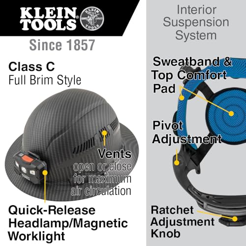 Buy now Klein Tools 60347 Hard Hat, Vented Full Brim, Class C, Premium KARBN Pattern, Rechargeable Lamp, Padded Sweat-Wicking Sweatband, Top Pad at indiglob india