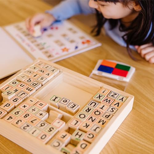 Buy now Melissa & Doug Deluxe Letters and Numbers Wooden Stamp Set ABCs 123s With Activity Book, 4-Color Stamp Pad - FSC Certified at indiglob india