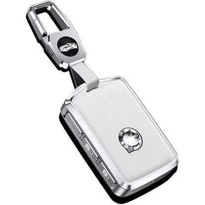 HIBEYO Alloy Leather Texture Car Key Fob Cover with Keychain fits Volvo XC90, XC60, XC40, S60, S90, V60, Polestar 1, T5 - 3 Button Black Smart Remote Car Key Holder