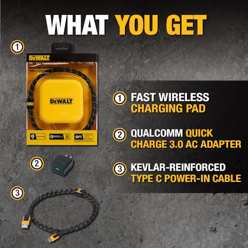 Buy now DEWALT Heavy Duty Wireless Charger, 10W Max Fast Wireless Charging Pad Compatible with iPhone 17/16/15/14/13/12/11/X/8 Pro Max Plus Samsung Galaxy S22/S21 AirPods (Type C Cable/AC Adapter Included) at indiglob india