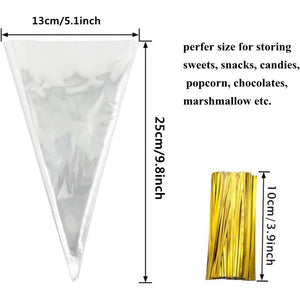 100 Pieces Popcorn Bags for Party Cone Shape Bags Transparent Cello Bags Sweet Clear Treat Bags with 100 Pieces Twist Ties, 9.8 x 5.1 Inch (Gold Twist Ties)