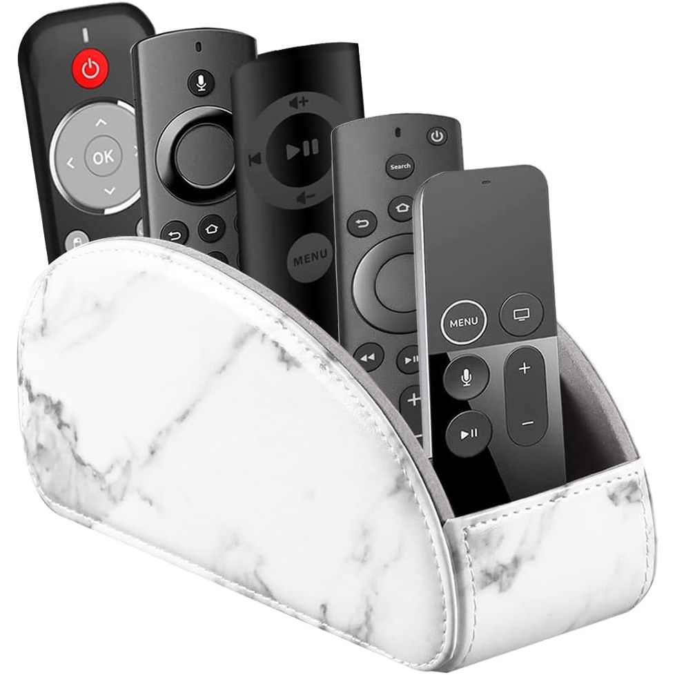 All-in-One Leather White TV Remote Holder for Remote Conrtols with 5 Compartments Nightstand Desktop Media Player Remote Caddy Storage Box Organizer Tray for Mobile Office Stationery Phone Controller
