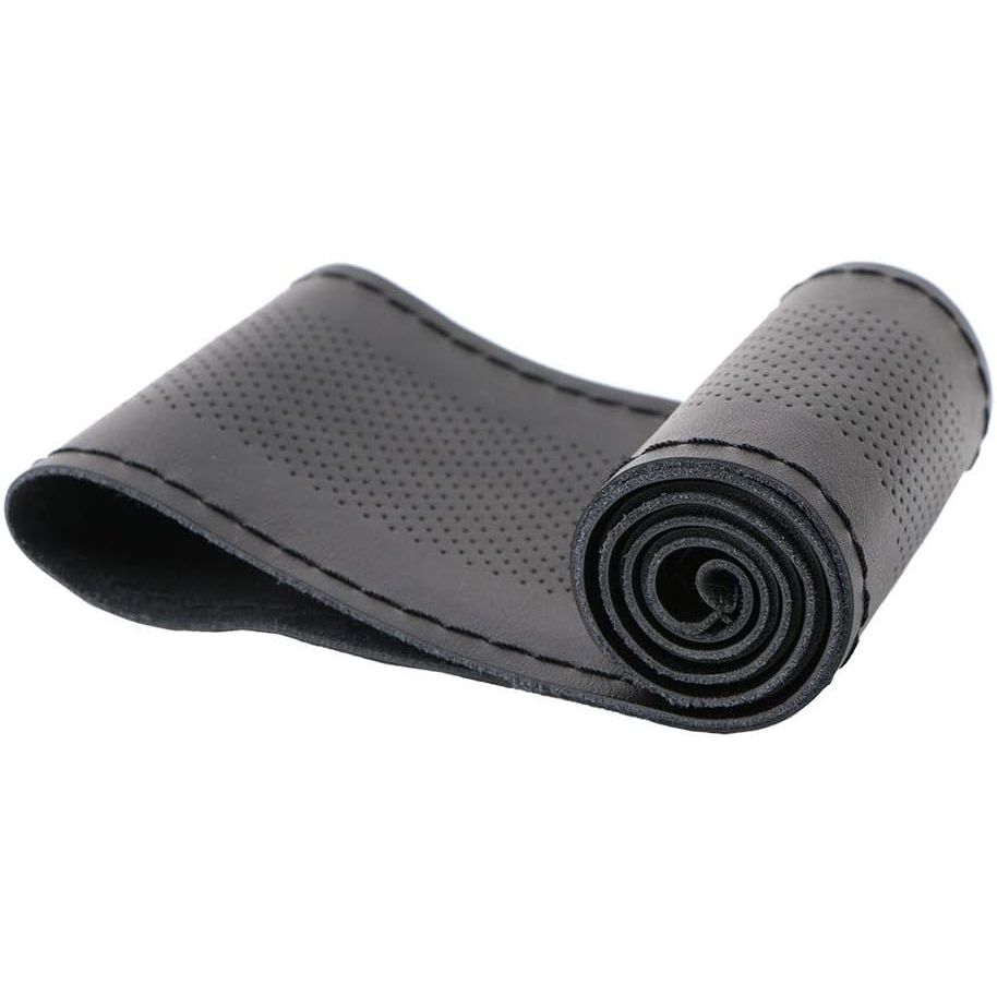 Universal Genuine Leather Steering Wheel Cover Hand Sewing Breathable Design 15 Inch DIY Cowhide Car Steering Wrap Black