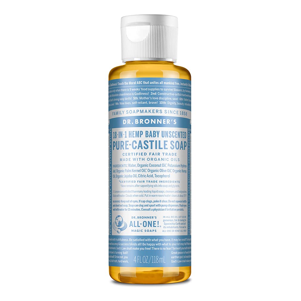 Dr. Bronner's - Pure-Castile Liquid Soap (Baby Unscented, 4 Ounce) - Made with Organic Oils, 18-in-1 Uses: Face, Hair, Laundry, Dishes, For Sensitive Skin, Babies, No Added Fragrance, Vegan, Non-GMO