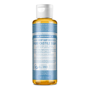 Dr. Bronner's - Pure-Castile Liquid Soap (Baby Unscented, 4 Ounce) - Made with Organic Oils, 18-in-1 Uses: Face, Hair, Laundry, Dishes, For Sensitive Skin, Babies, No Added Fragrance, Vegan, Non-GMO