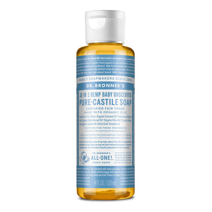 Dr. Bronner's - Pure-Castile Liquid Soap (Baby Unscented, 4 Ounce) - Made with Organic Oils, 18-in-1 Uses: Face, Hair, Laundry, Dishes, For Sensitive Skin, Babies, No Added Fragrance, Vegan, Non-GMO