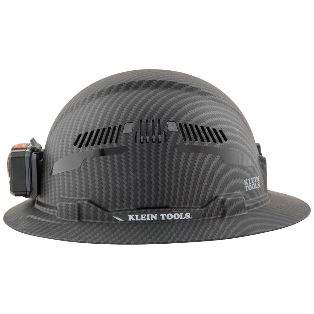 Buy now Klein Tools 60347 Hard Hat, Vented Full Brim, Class C, Premium KARBN Pattern, Rechargeable Lamp, Padded Sweat-Wicking Sweatband, Top Pad at indiglob india