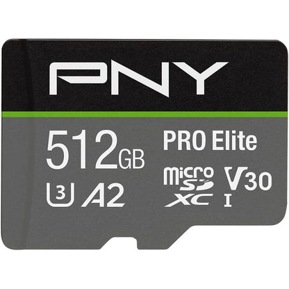 PNY P-SDUX512U3100PRO-GE 512GB PRO Elite Class 10 U3 V30 microSDXC Flash Memory Card - 100MB/s, Class 10, U3, V30, A2, 4K UHD, Full HD, UHS-I, Micro SD