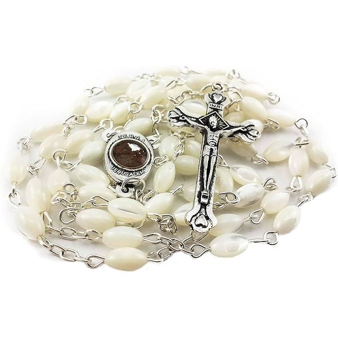 Buy now Nazareth Store Natural Pearl Rosary Beads Catholic Necklace Jerusalem Holy Soil Meda and Silverl Cross at indiglob india