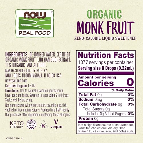 Buy now NOW Foods, Certified Organic Monk Fruit Liquid, Zero-Calorie Liquid Sweetener, Non-GMO, Low Glycemic Impact, 2-Ounce at indiglob india