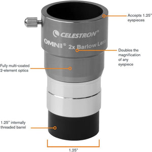 Celestron 93326 Omni Barlow Lens, Silver, 2 x 1.25 Inch