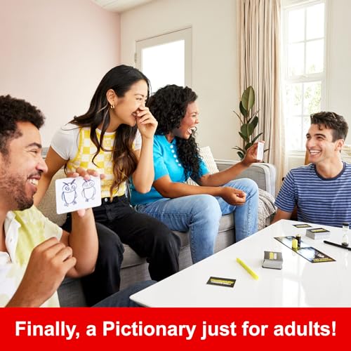 Buy now Mattel Games Pictionary Adults Only Party Drawing Game with Silly Sketches & NSFW Clue Cards, Boards, Markers & Sand Timer at indiglob india