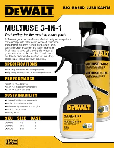 Buy now DEWALT 3 in 1 Multi Purpose Biodegradable Penetrating Oil – Professional Grade Lubricant for Machines, Tools, Doors Hinges and Much More, – Fast Acting Lubricating Formula, 11 oz at indiglob india
