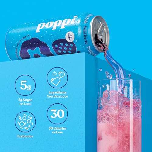 Buy now Poppi Prebiotic Soda Beverage with Apple Cider Vinegar, Seltzer Water and Fruit Juice, Wild Berry Flavor, 16 Fl Oz, Pack of 12, Packaging May Vary at indiglob india