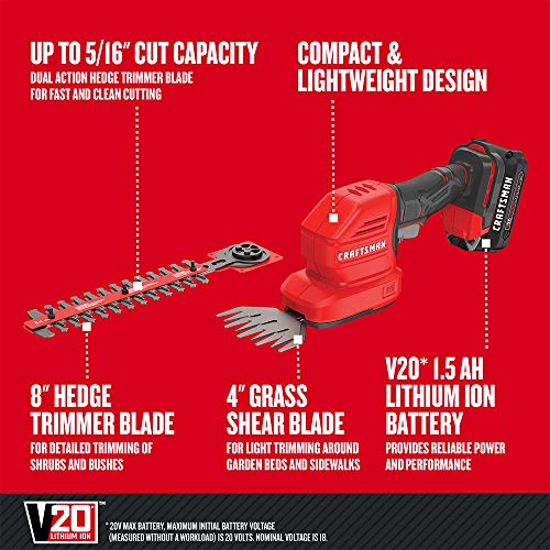 Buy now CRAFTSMAN V20 4 In. Cordless Handheld Grass Trimmer and 8 In. Mini Hedge Trimmer, Battery and Charger Included, Rechargeable 2 in 1 Grass Shear and Bush Trimmer (CMCSS800C1) at indiglob india