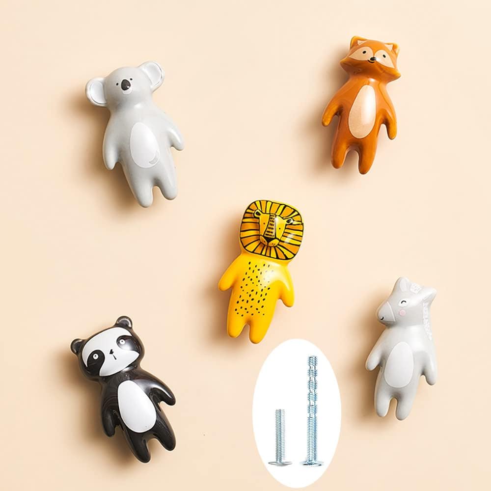 5Pcs Cute Animal Knobs Kids Handles Ceramic Knobs Children's Room Door Nursery Cupboard knobs Lovely Cabinet pulls Drawer knob for Kids, with Screws