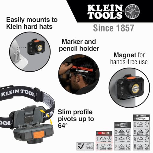 Buy now Klein Tools 56414 Rechargeable 2-Color LED Headlamp, Fabric Strap, Spotlight, Floodlight, Red LED, 800 Lumens, USB Cable, Camping, Running at indiglob india