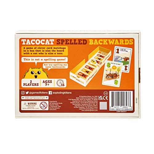 Buy now Exploding Kittens Tacocat Spelled Backwards 2 Players - Ages 7+ - 15 Minutes to Play - Clever Family Board Game - Couples Game, Family Game Night, Kid and Adult Board Game at indiglob india