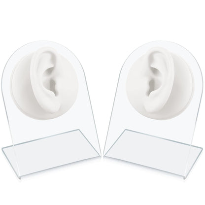 Cindeer 2 Pcs Flexible Silicone Ear Model Reused Soft Mold Fake Ear for Earrings Jewelry Display for Piercing Practice with Acrylic Stand(White)