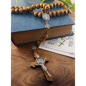 Saint Benedict Evil Protection Medal with Cross Wood Beads Rosary Necklace Nazareth Store