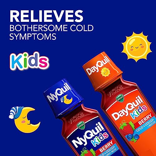 Buy now VICKS Kids DayQuil & NyQuil Berry Cold & Cough Medicine Co-Pack, Daytime & Nighttime Relief of Multiple Symptoms, Great-Tasting Berry Flavor, Free of Alcohol & Acetaminophen, for Ages 6+, 2x8oz at indiglob india