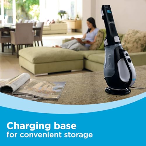 Buy now BLACK+DECKER dustbuster 20V Hand Vacuum Cordless Rechargeable, Car Vacuum Portable, Powerful Suction AdvancedClean Hand Vac with Extendible Crevice Tool, Flip-Up Brush and Charging Base (BDH2000L) at indiglob india