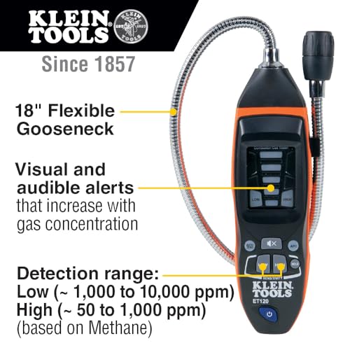Buy now Klein Tools ET120 Gas Leak Detector, Combustible Gas Leak Tester with 18-Inch Gooseneck Has Range 50-10,000 ppm, Includes Pouch, Batteries at indiglob india