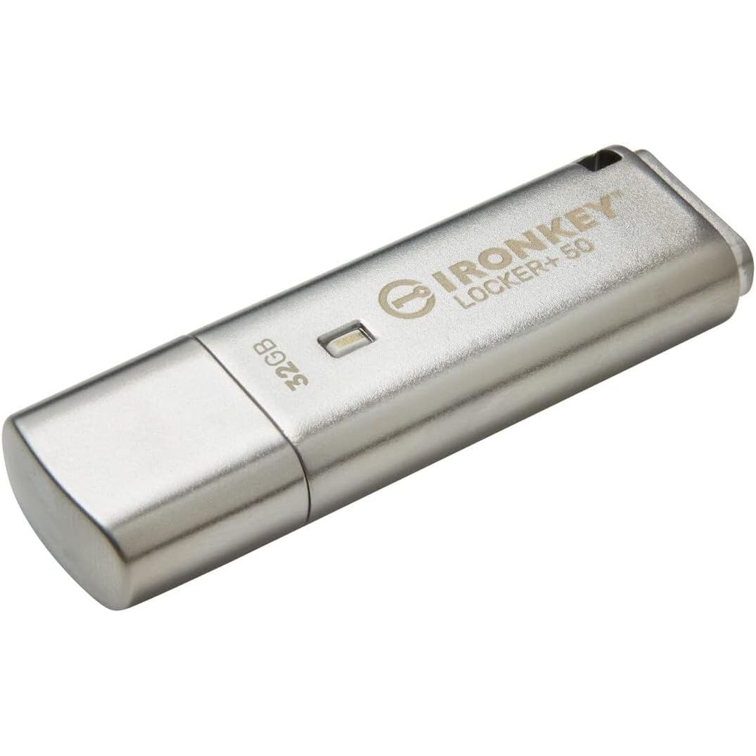 Kingston Ironkey Locker+ 50 32GB Encrypted USB Flash Drive | USB 3.2 Gen 1 | XTS-AES Protection | Multi-Password Security Options | Automatic Cloud Backup | Metal Casing | IKLP50/32GB,Silver