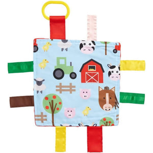 Baby Sensory Farm Animal Crinkle Tag Toy for Developing 5 Senses - Learning Shapes and Colors - Tummy Time - Travel Stroller Keepsake with BPA Free Clip for On The Go 8" x 8"