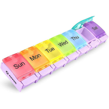 AUVON Weekly Pill Organizer Arthritis Friendly, BPA Free Travel 7 Day Pill Box Case with Spring Open Design and Large Compartment to Hold Vitamins, Cod Liver Oil, Supplements and Medication
