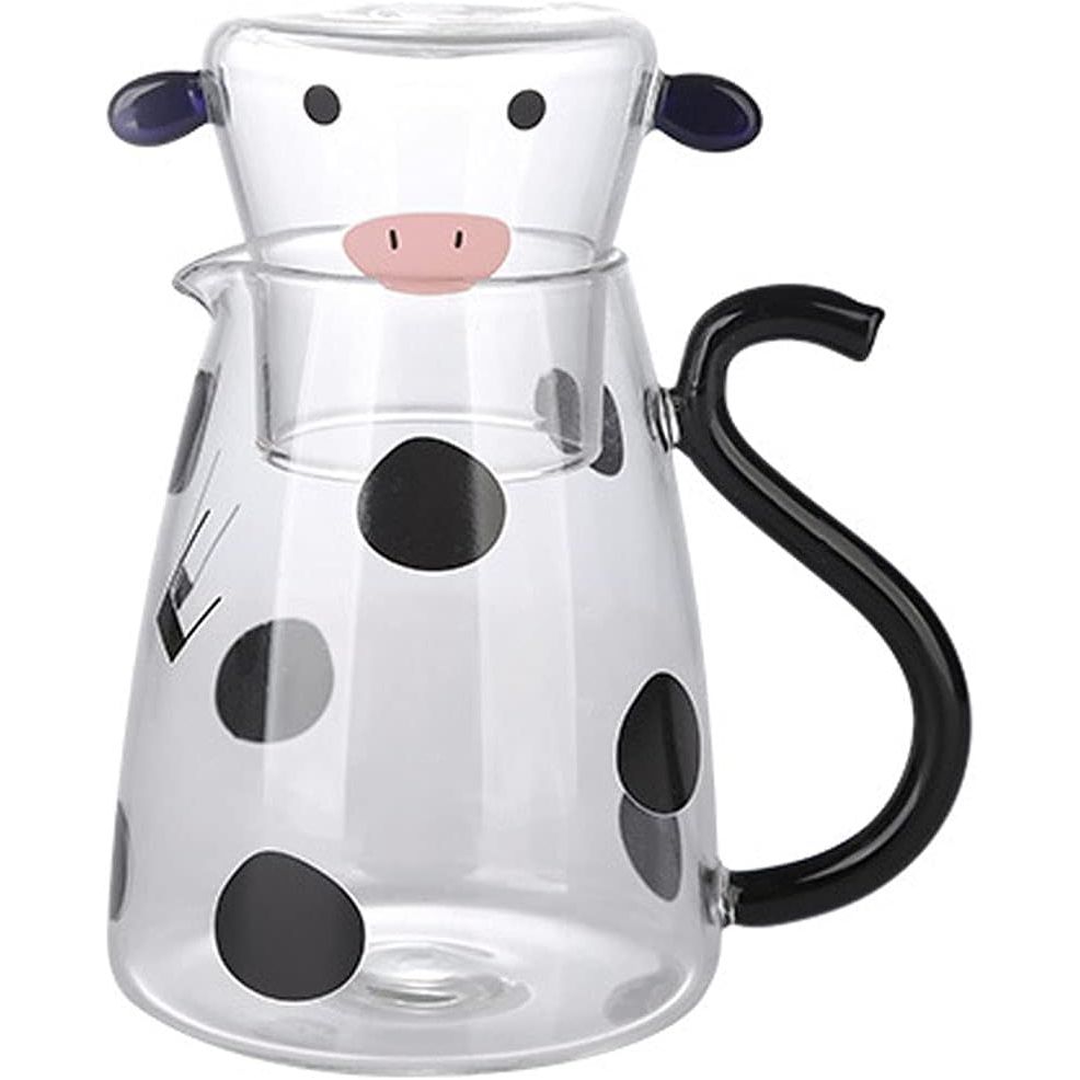 Cartoon Cow Clear Glass Bedside Night Water Carafe Set with Tumbler, Pitcher And Cup Night Set