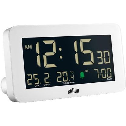 Braun Digital Alarm Clock with Date, Month and Temperature Displayed, Negative LCD Display, Quick Set, Crescendo Beep Alarm in Black, Model BC10B (1-Pack)