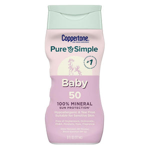 Coppertone Pure and Simple Baby Sunscreen Lotion SPF 50, Zinc Oxide Mineral Sunscreen for Babies, Hypoallergenic and Tear Free, 6 Fl Oz Bottle