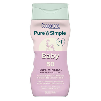 Coppertone Pure and Simple Baby Sunscreen Lotion SPF 50, Zinc Oxide Mineral Sunscreen for Babies, Hypoallergenic and Tear Free, 6 Fl Oz Bottle