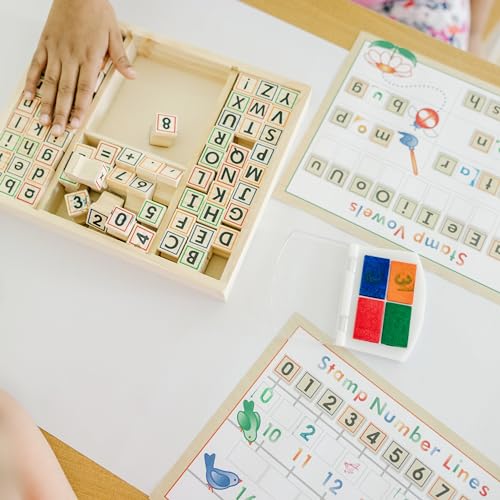 Buy now Melissa & Doug Deluxe Letters and Numbers Wooden Stamp Set ABCs 123s With Activity Book, 4-Color Stamp Pad - FSC Certified at indiglob india